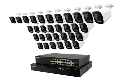 Security camera system with multiple cameras and a central control panel on a white background