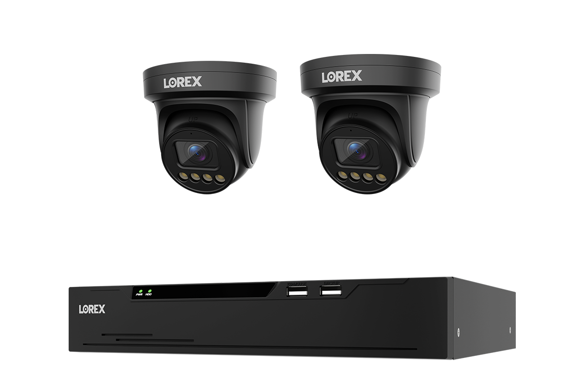 A black LOREX security camera kit featuring two turret cameras and a matching NVR recorder, shown against a solid white background.