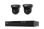 A black LOREX security camera kit featuring two turret cameras and a matching NVR recorder, shown against a solid white background.