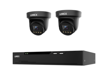 A black LOREX security camera kit featuring two turret cameras and a matching NVR recorder, shown against a solid white background.