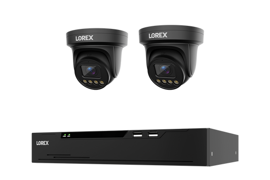 A black LOREX security camera kit featuring two turret cameras and a matching NVR recorder, shown against a solid white background.