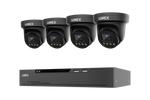 A 4-camera turret security camera system with a black NVR receiver, shown on a plain white background. The brand LOREX is clearly visible on both the cameras and the receiver.