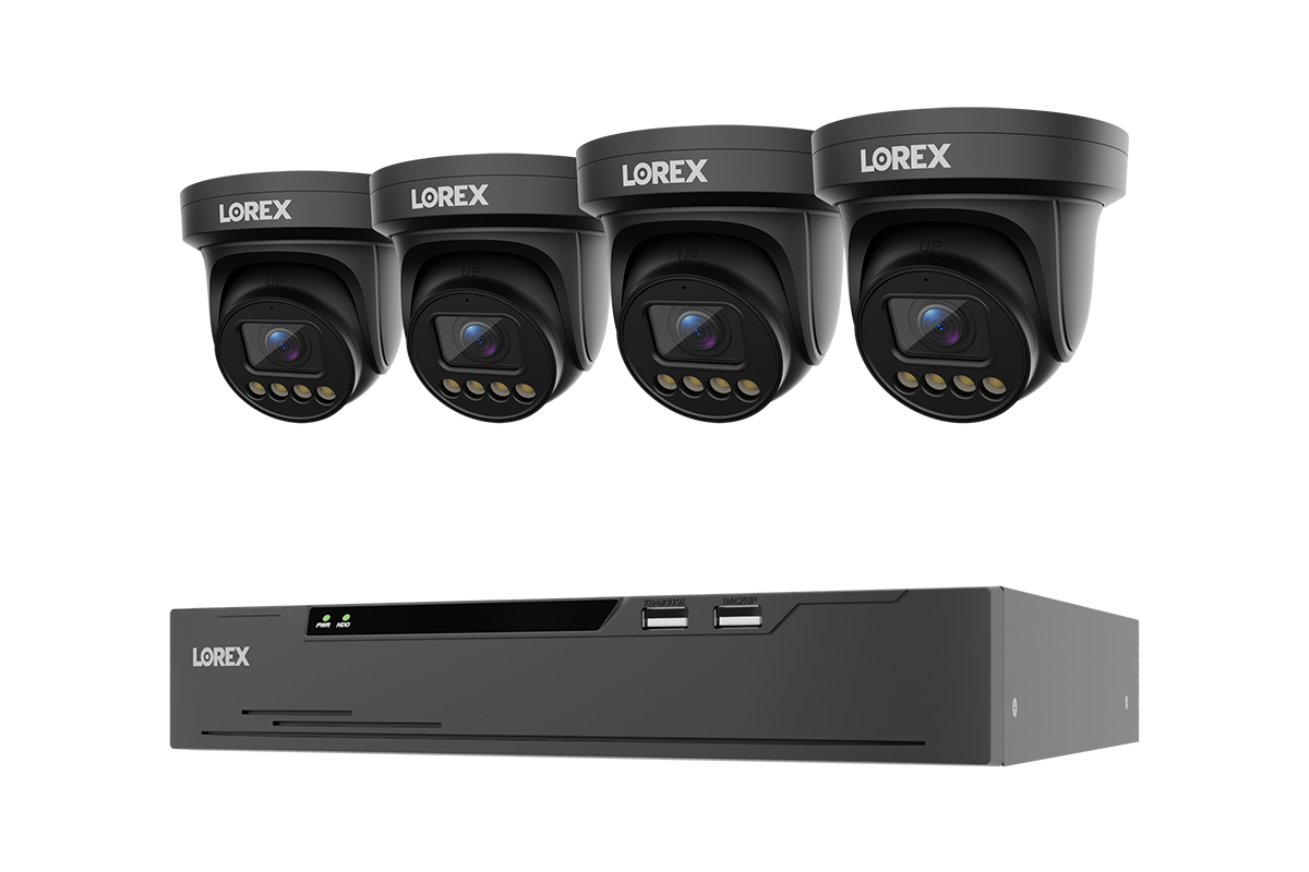 A 4-camera turret security camera system with a black NVR receiver, shown on a plain white background. The brand LOREX is clearly visible on both the cameras and the receiver.