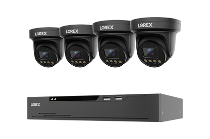 A 4-camera turret security camera system with a black NVR receiver, shown on a plain white background. The brand LOREX is clearly visible on both the cameras and the receiver.
