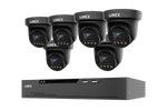 A 6-camera turret security camera system with a black NVR receiver, branded LOREX, shown on a solid white background.