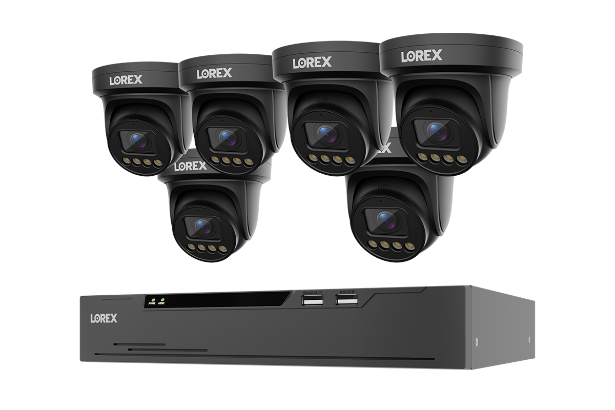 A 6-camera turret security camera system with a black NVR receiver, branded LOREX, shown on a solid white background.