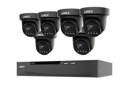 A 6-camera turret security camera system with a black NVR receiver, branded LOREX, shown on a solid white background.