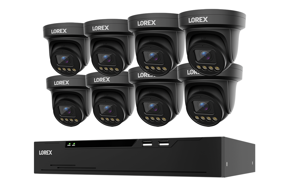 Eight black turret security cameras arranged in two rows above a matching black NVR box, all branded LOREX on a plain white background.