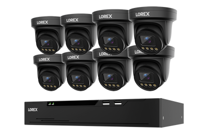 Eight black turret security cameras arranged in two rows above a matching black NVR box, all branded LOREX on a plain white background.