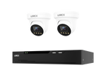 A Lorex security camera kit featuring two white turret cameras and a black NVR receiver box, shown against a plain white background.