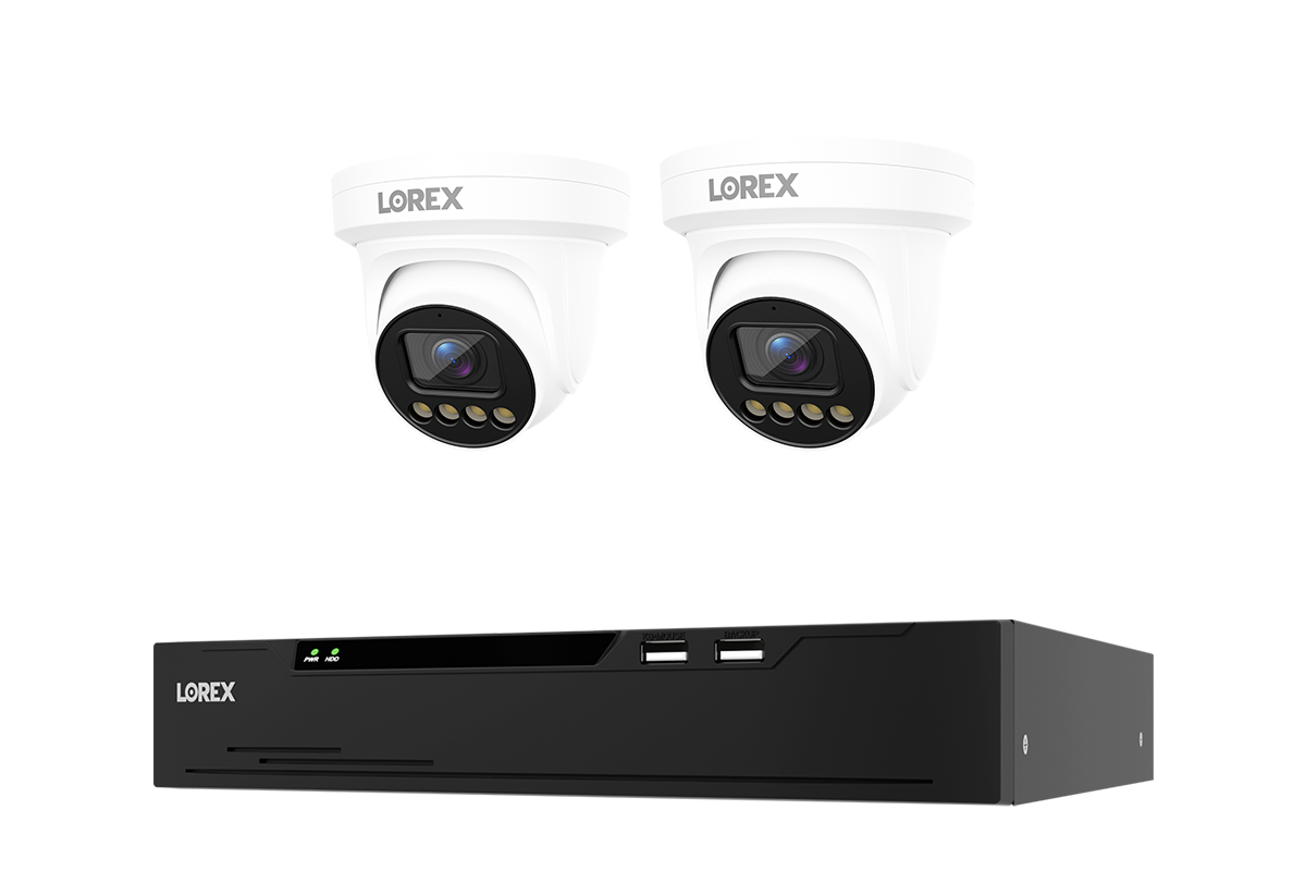 A Lorex security camera kit featuring two white turret cameras and a black NVR receiver box, shown against a plain white background.