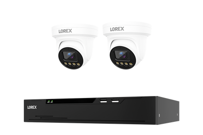 A Lorex security camera kit featuring two white turret cameras and a black NVR receiver box, shown against a plain white background.