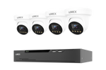 A set of four white dome security cameras with black lenses arranged above a black NVR recording device on a plain white background. The brand LOREX is visible on both the cameras and the NVR.
