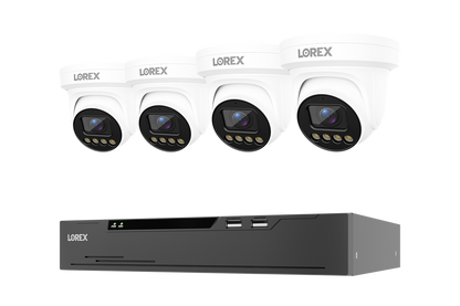 A set of four white dome security cameras with black lenses arranged above a black NVR recording device on a plain white background. The brand LOREX is visible on both the cameras and the NVR.