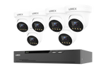 A set of six white LOREX dome security cameras with black lenses, arranged above a black LOREX digital video recorder (DVR) on a plain white background.
