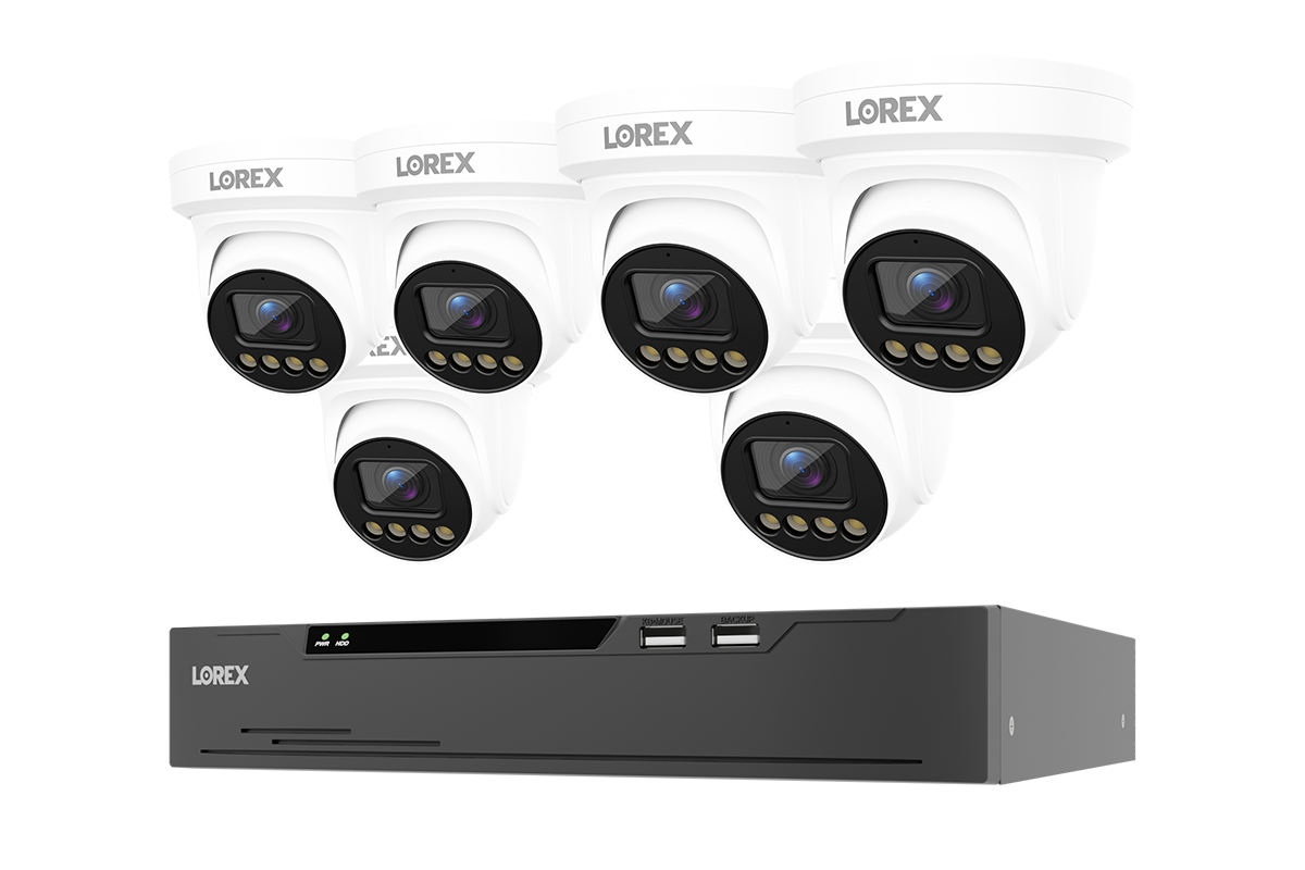 A set of six white LOREX dome security cameras with black lenses, arranged above a black LOREX digital video recorder (DVR) on a plain white background.