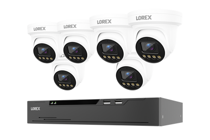 A set of six white LOREX dome security cameras with black lenses, arranged above a black LOREX digital video recorder (DVR) on a plain white background.