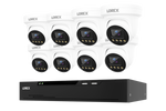 A 8-camera LOREX security surveillance kit featuring eight white dome cameras and a black NVR recorder, shown against a solid white background.