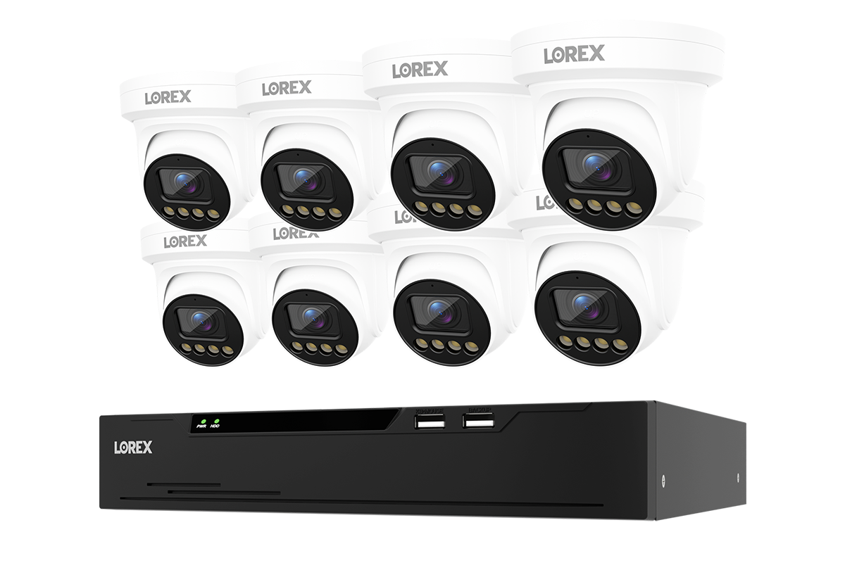 A 8-camera LOREX security surveillance kit featuring eight white dome cameras and a black NVR recorder, shown against a solid white background.