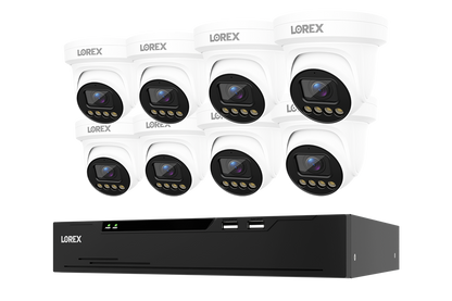 A 8-camera LOREX security surveillance kit featuring eight white dome cameras and a black NVR recorder, shown against a solid white background.
