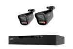 A Lorex security camera kit featuring two black dome cameras and a matching black NVR receiver, shown against a solid white background.