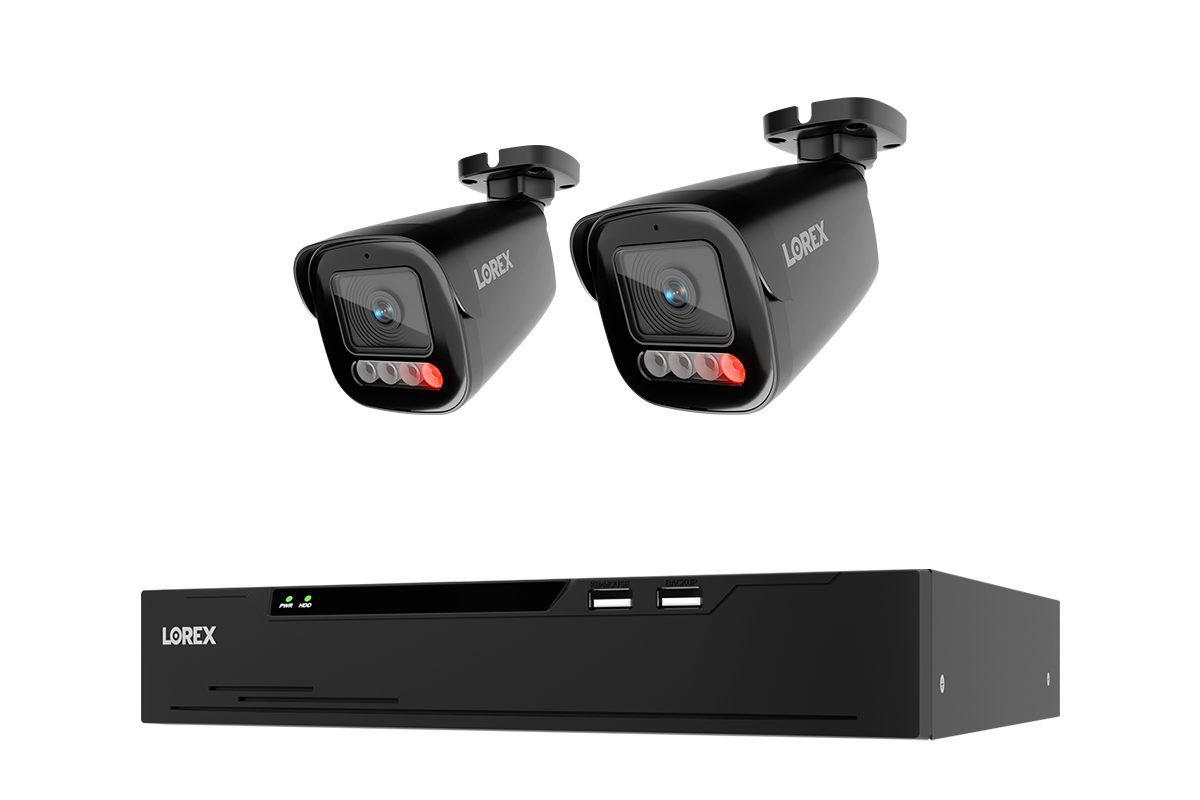 A Lorex security camera kit featuring two black dome cameras and a matching black NVR receiver, shown against a solid white background.