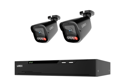 A Lorex security camera kit featuring two black dome cameras and a matching black NVR receiver, shown against a solid white background.