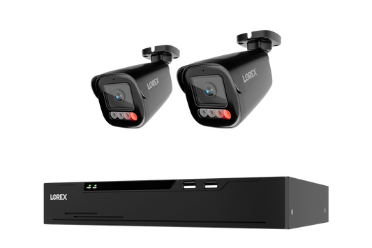 A Lorex security camera kit featuring two black dome cameras and a matching black NVR receiver, shown against a solid white background.