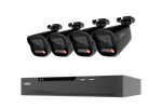 A 4-camera security camera kit with a black NVR receiver and four bullet cameras, shown against a plain white background.