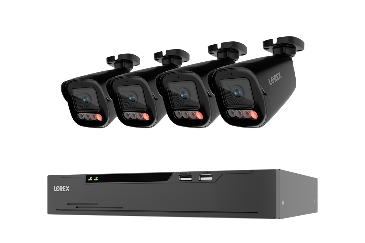 A 4-camera security camera kit with a black NVR receiver and four bullet cameras, shown against a plain white background.