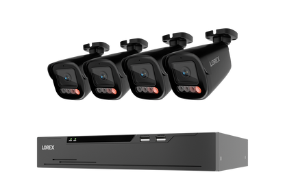 A 4-camera security camera kit with a black NVR receiver and four bullet cameras, shown against a plain white background.