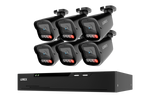 A 6-camera security camera kit with a black NVR recorder, shown on a solid white background. The cameras feature red LED indicator lights and the brand name 'LOREX' is visible on both the cameras and the NVR.
