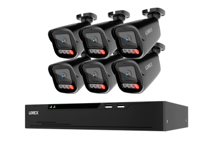 A 6-camera security camera kit with a black NVR recorder, shown on a solid white background. The cameras feature red LED indicator lights and the brand name 'LOREX' is visible on both the cameras and the NVR.