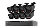 A 8-channel security camera surveillance kit by LOREX, featuring eight black bullet cameras arranged in two rows above a matching black NVR receiver box, isolated on a white background.