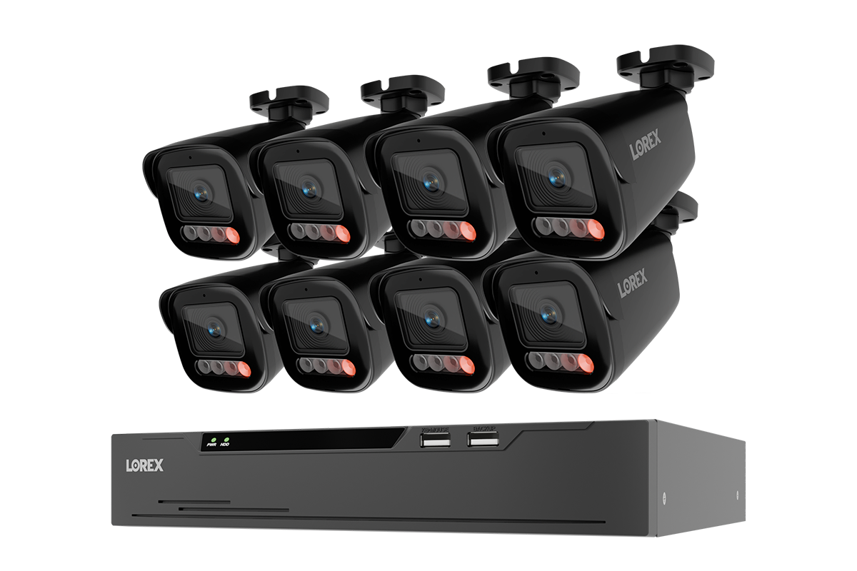 A 8-channel security camera surveillance kit by LOREX, featuring eight black bullet cameras arranged in two rows above a matching black NVR receiver box, isolated on a white background.