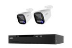 A Lorex security camera kit featuring two white bullet-style cameras with black front faces and blue indicator lights, shown above a black NVR recording unit on a plain white background.