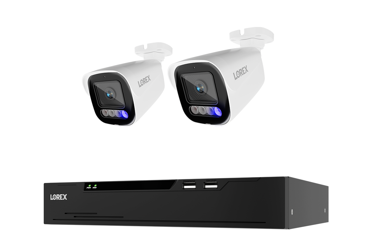 A Lorex security camera kit featuring two white bullet-style cameras with black front faces and blue indicator lights, shown above a black NVR recording unit on a plain white background.