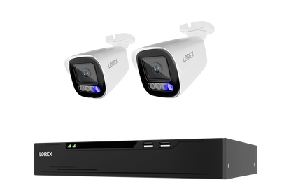 A Lorex security camera kit featuring two white bullet-style cameras with black front faces and blue indicator lights, shown above a black NVR recording unit on a plain white background.