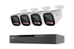 Four white Lorex security cameras with red IR LEDs shown above a black Lorex NVR receiver on a plain white background.