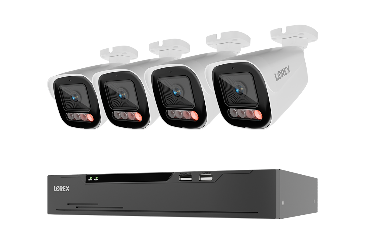 Four white Lorex security cameras with red IR LEDs shown above a black Lorex NVR receiver on a plain white background.