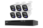 A 6-camera security surveillance system by LOREX, featuring six white bullet cameras arranged in two rows above a black NVR (network video recorder) box, set against a plain white background.