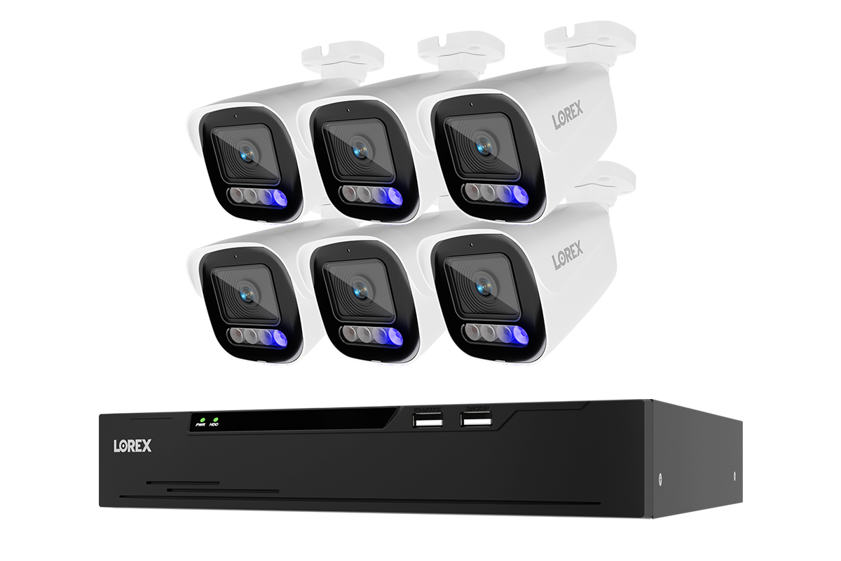 A 6-camera security surveillance system by LOREX, featuring six white bullet cameras arranged in two rows above a black NVR (network video recorder) box, set against a plain white background.