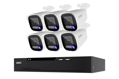 A 6-camera security surveillance system by LOREX, featuring six white bullet cameras arranged in two rows above a black NVR (network video recorder) box, set against a plain white background.
