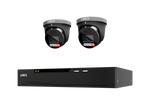 A Lorex security camera kit featuring two turret cameras with red IR LEDs and a black NVR receiver box, shown against a plain white background.