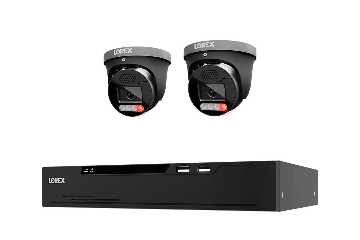 A Lorex security camera kit featuring two turret cameras with red IR LEDs and a black NVR receiver box, shown against a plain white background.