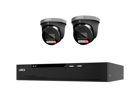 A Lorex security camera kit featuring two turret cameras with red IR LEDs and a black NVR receiver box, shown against a plain white background.