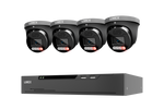 A Lorex 4-camera security system featuring four black turret cameras with red LED indicator lights and a matching black NVR receiver box, shown against a plain white background.