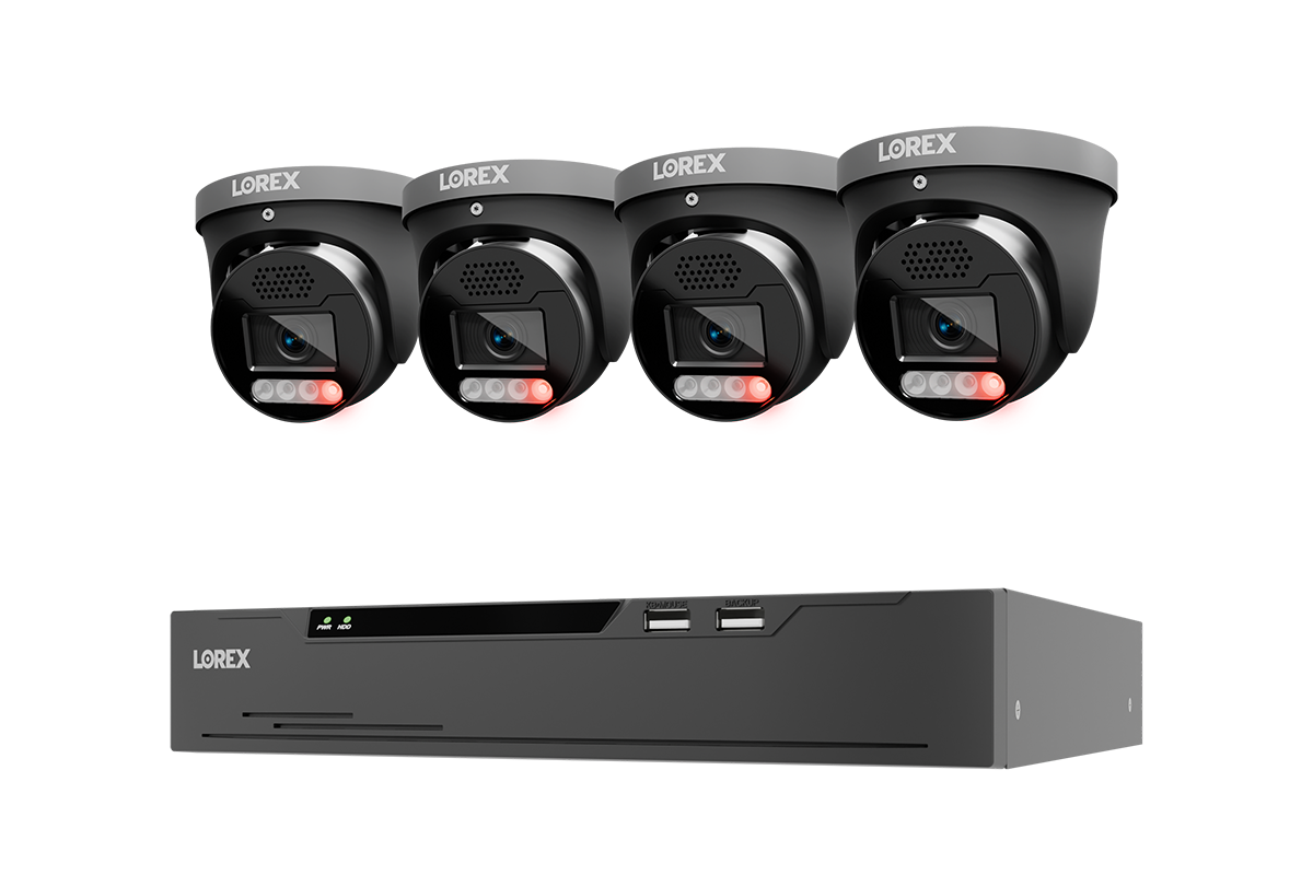 A Lorex 4-camera security system featuring four black turret cameras with red LED indicator lights and a matching black NVR receiver box, shown against a plain white background.