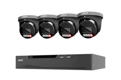 A Lorex 4-camera security system featuring four black turret cameras with red LED indicator lights and a matching black NVR receiver box, shown against a plain white background.