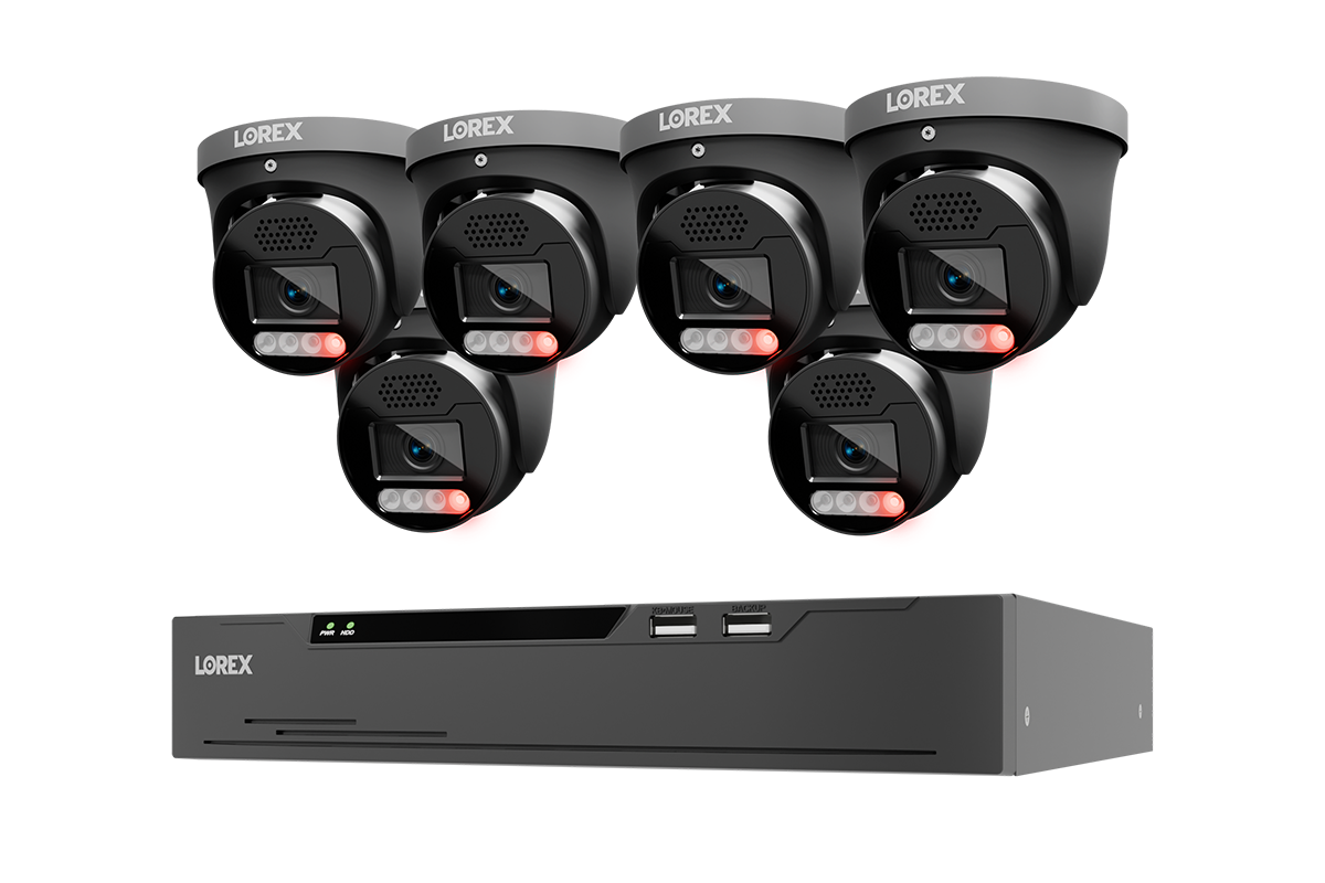 A 6-camera turret security camera system with a black NVR receiver, branded LOREX, shown on a plain white background.